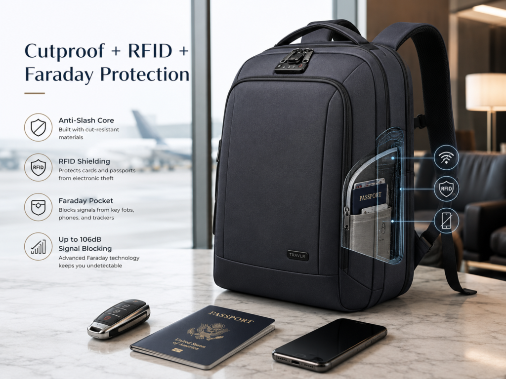 Waterproof anti theft backpack with cut resistant straps